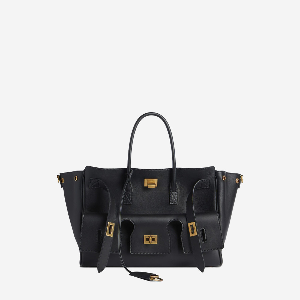 Balenciaga Black Leather Medium Carry All Bel Air Shopping Bag In Black