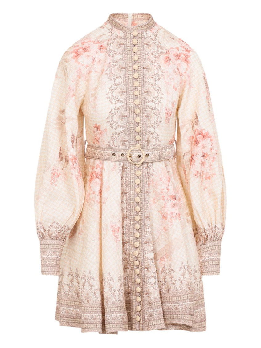 Zimmermann Illuminate Beige Mini Dress With Belted Waist And All-over Floral Print In Linen Woman